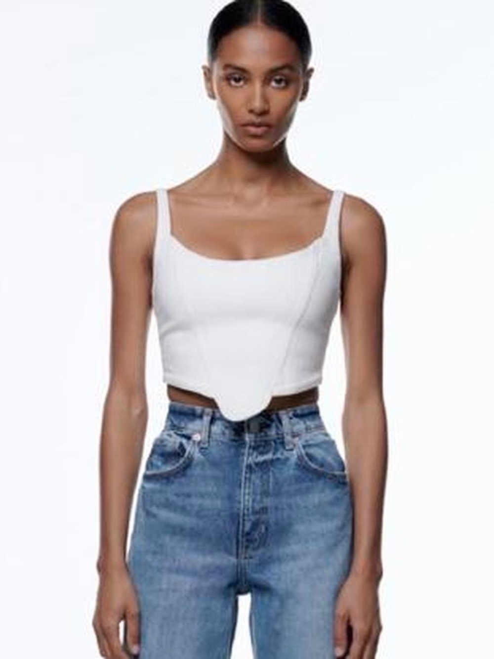 Zara White Denim Topstitch Cropped Corset Top